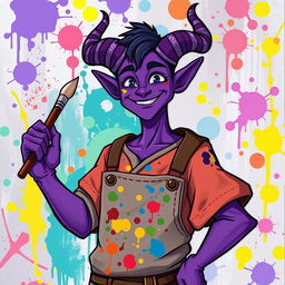 A cheerful male tiefling with vibrant purple skin and prominent horns, depicted in a vibrant Dungeons and Dragons style illustration