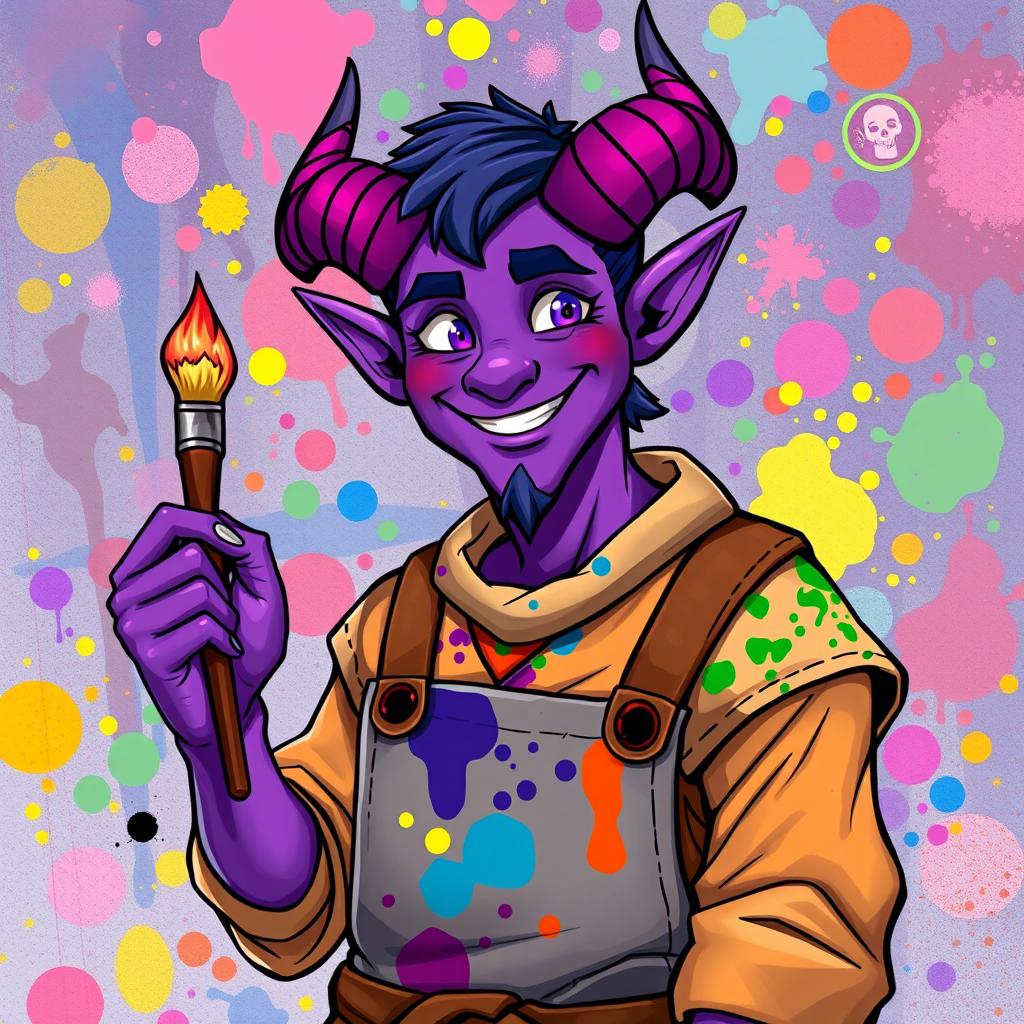 A cheerful male tiefling with vibrant purple skin and prominent horns, depicted in a vibrant Dungeons and Dragons style illustration