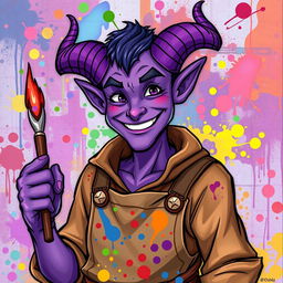 A cheerful male tiefling with vibrant purple skin and prominent horns, depicted in a vibrant Dungeons and Dragons style illustration