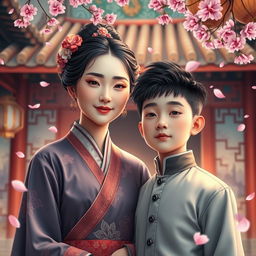 A surreal artistic representation of a Chinese mother, wearing traditional clothing and a serene expression, standing beside her son, who is dressed in modern attire