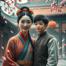 A surreal artistic representation of a Chinese mother, wearing traditional clothing and a serene expression, standing beside her son, who is dressed in modern attire