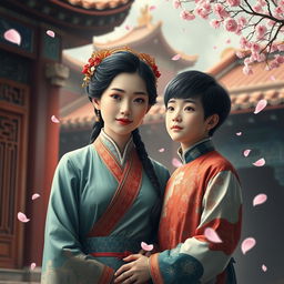 A surreal artistic representation of a Chinese mother, wearing traditional clothing and a serene expression, standing beside her son, who is dressed in modern attire