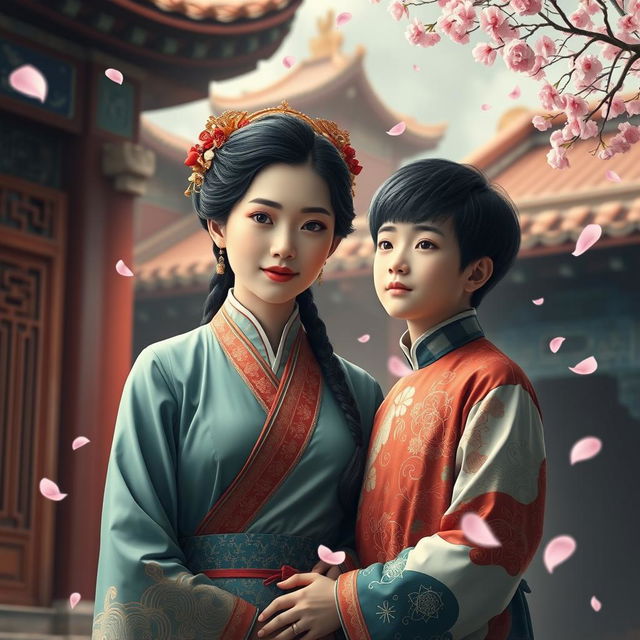 A surreal artistic representation of a Chinese mother, wearing traditional clothing and a serene expression, standing beside her son, who is dressed in modern attire