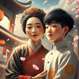 A surreal artistic representation of a Chinese mother, wearing traditional clothing and a serene expression, standing beside her son, who is dressed in modern attire