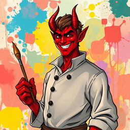 A handsome male red tiefling, radiating charisma with a charming smile that showcases his sharp, formidable teeth, depicted in a vivid Dungeons and Dragons style illustration