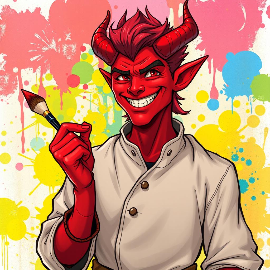 A handsome male red tiefling, radiating charisma with a charming smile that showcases his sharp, formidable teeth, depicted in a vivid Dungeons and Dragons style illustration