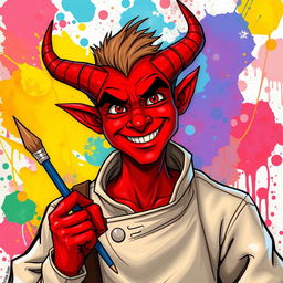 A handsome male red tiefling, radiating charisma with a charming smile that showcases his sharp, formidable teeth, depicted in a vivid Dungeons and Dragons style illustration