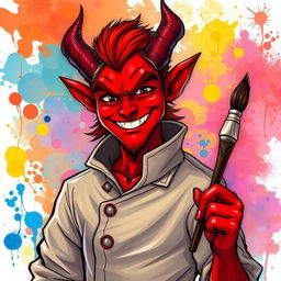 A handsome male red tiefling, radiating charisma with a charming smile that showcases his sharp, formidable teeth, depicted in a vivid Dungeons and Dragons style illustration