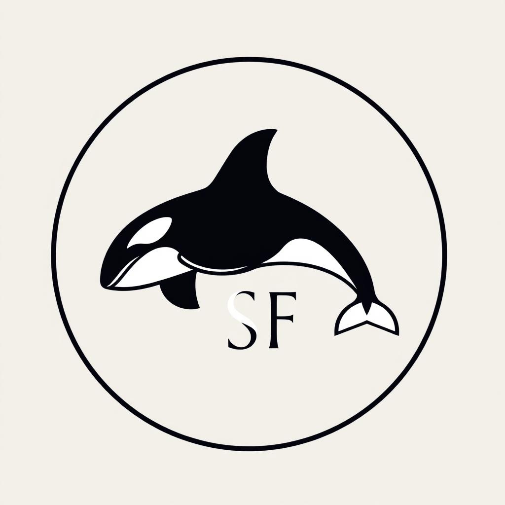 A simple circular logo featuring an orca whale and the initials 'SF'