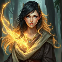 A stunning depiction of a D&D character, a 27-year-old female half-elf healer with jet black hair and bright blue eyes
