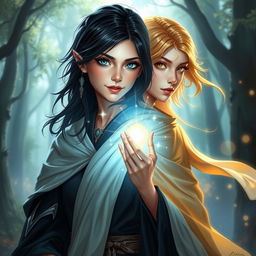 A stunning depiction of a D&D character, a 27-year-old female half-elf healer with jet black hair and bright blue eyes