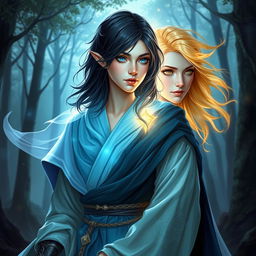 A stunning depiction of a D&D character, a 27-year-old female half-elf healer with jet black hair and bright blue eyes