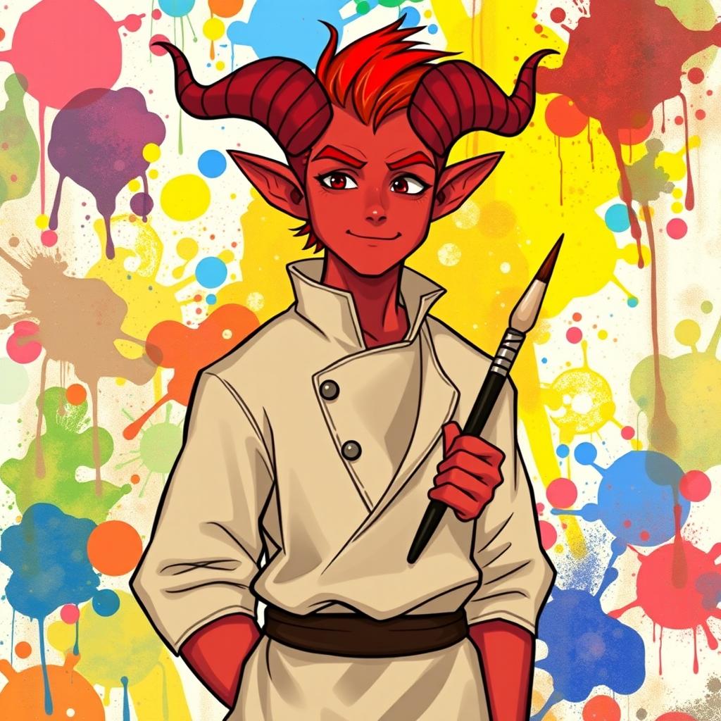 A handsome male red tiefling, exuding warmth and kindness with a gentle smile, depicted in a captivating Dungeons and Dragons style illustration