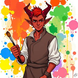 A handsome male red tiefling, exuding warmth and kindness with a gentle smile, depicted in a captivating Dungeons and Dragons style illustration