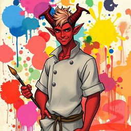 A handsome male red tiefling, exuding warmth and kindness with a gentle smile, depicted in a captivating Dungeons and Dragons style illustration