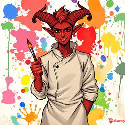 A handsome male red tiefling, exuding warmth and kindness with a gentle smile, depicted in a captivating Dungeons and Dragons style illustration