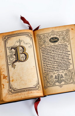An ancient and weathered book, opened to showcase its intricate medieval designs and patterns, featuring a prominent letter 'B' beautifully illustrated in the center of the left page