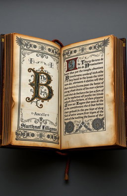 An ancient and weathered book, opened to showcase its intricate medieval designs and patterns, featuring a prominent letter 'B' beautifully illustrated in the center of the left page