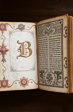 An ancient and weathered book, opened to showcase its intricate medieval designs and patterns, featuring a prominent letter 'B' beautifully illustrated in the center of the left page
