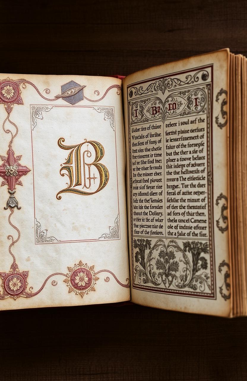 An ancient and weathered book, opened to showcase its intricate medieval designs and patterns, featuring a prominent letter 'B' beautifully illustrated in the center of the left page