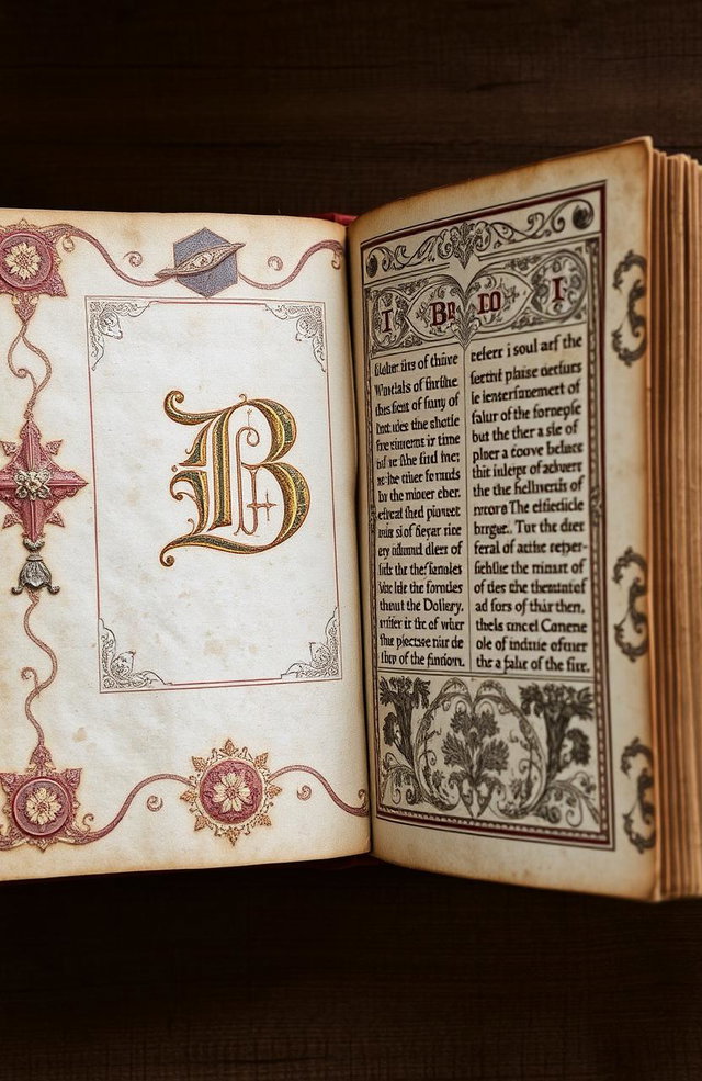 An ancient and weathered book, opened to showcase its intricate medieval designs and patterns, featuring a prominent letter 'B' beautifully illustrated in the center of the left page