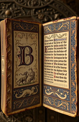 An ancient and weathered book, opened to showcase its intricate medieval designs and patterns, featuring a prominent letter 'B' beautifully illustrated in the center of the left page