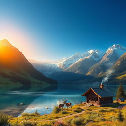 A stunningly realistic, captivating landscape of a serene mountain valley at sunrise