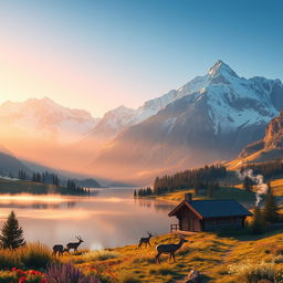 A stunningly realistic, captivating landscape of a serene mountain valley at sunrise