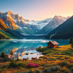 A stunningly realistic, captivating landscape of a serene mountain valley at sunrise