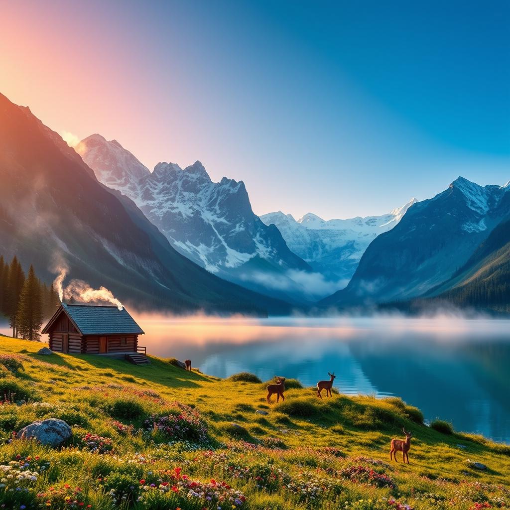 A stunningly realistic, captivating landscape of a serene mountain valley at sunrise