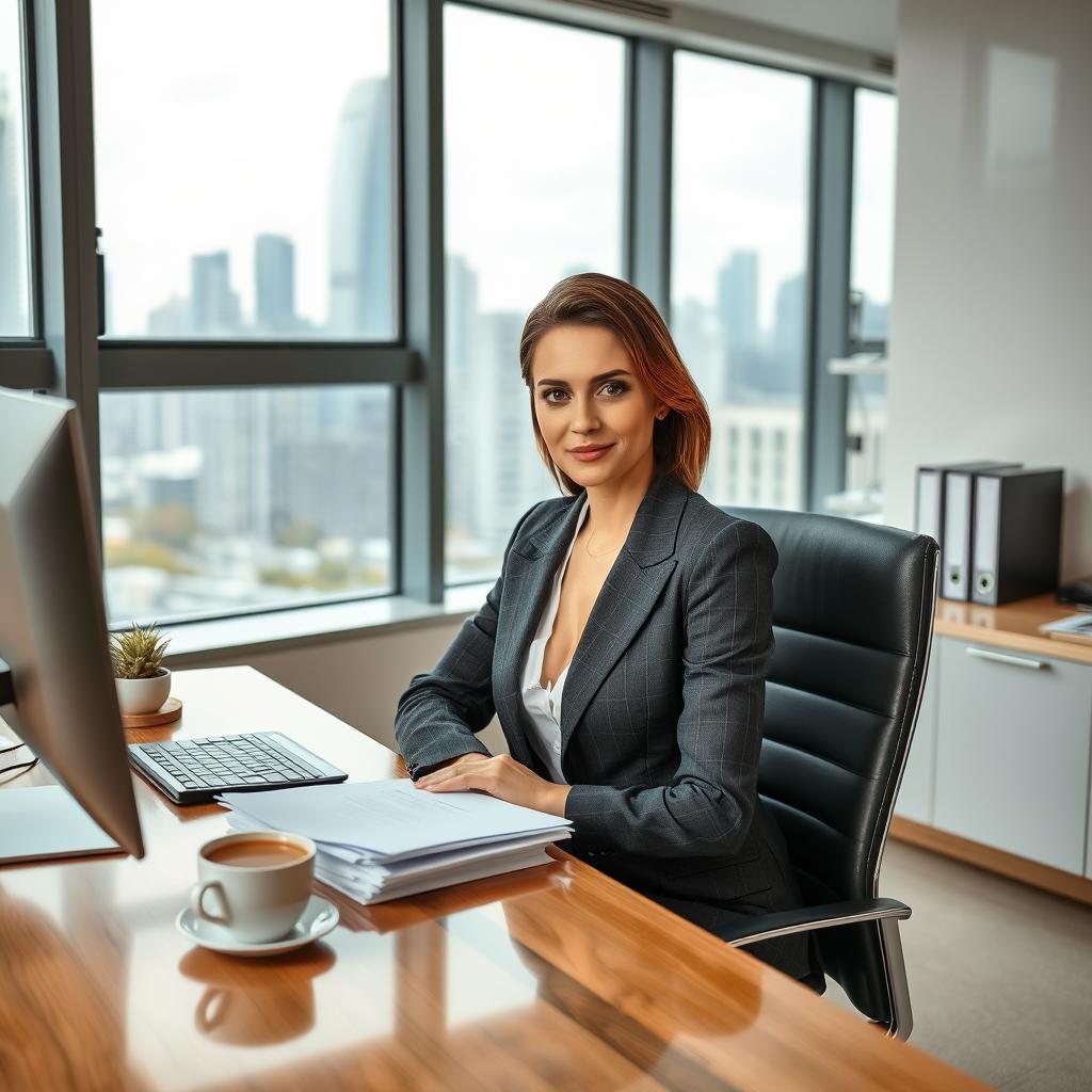 A sophisticated and attractive female secretary sitting at a modern office desk, wearing a stylish business outfit, with her hair neatly styled
