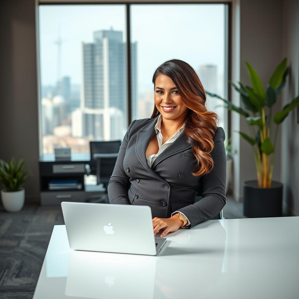 A voluptuous female secretary with an ample bosom, wearing a stylish business outfit, sitting at a sleek modern desk in a contemporary office