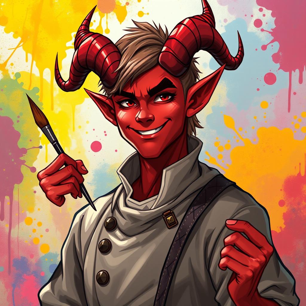 A handsome male red tiefling, portrayed with a kind and warm smile, depicted in a captivating Dungeons and Dragons style illustration