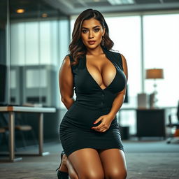 A voluptuous secretary with a curvy figure wearing a form-fitting secretary outfit, kneeling gracefully with her hands tied behind her back