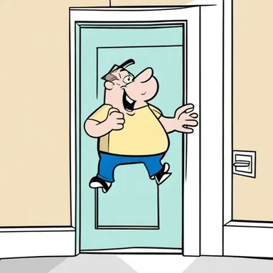 In the cartoon, the character always stands agin the door when someone knocks.