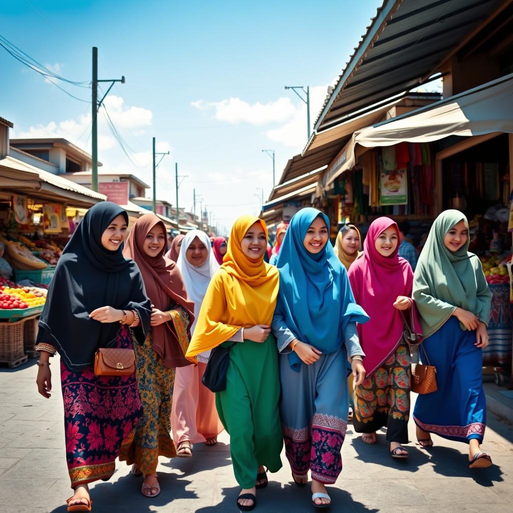 A vibrant street scene depicting Muslim girls in colorful traditional attire walking along a bustling road