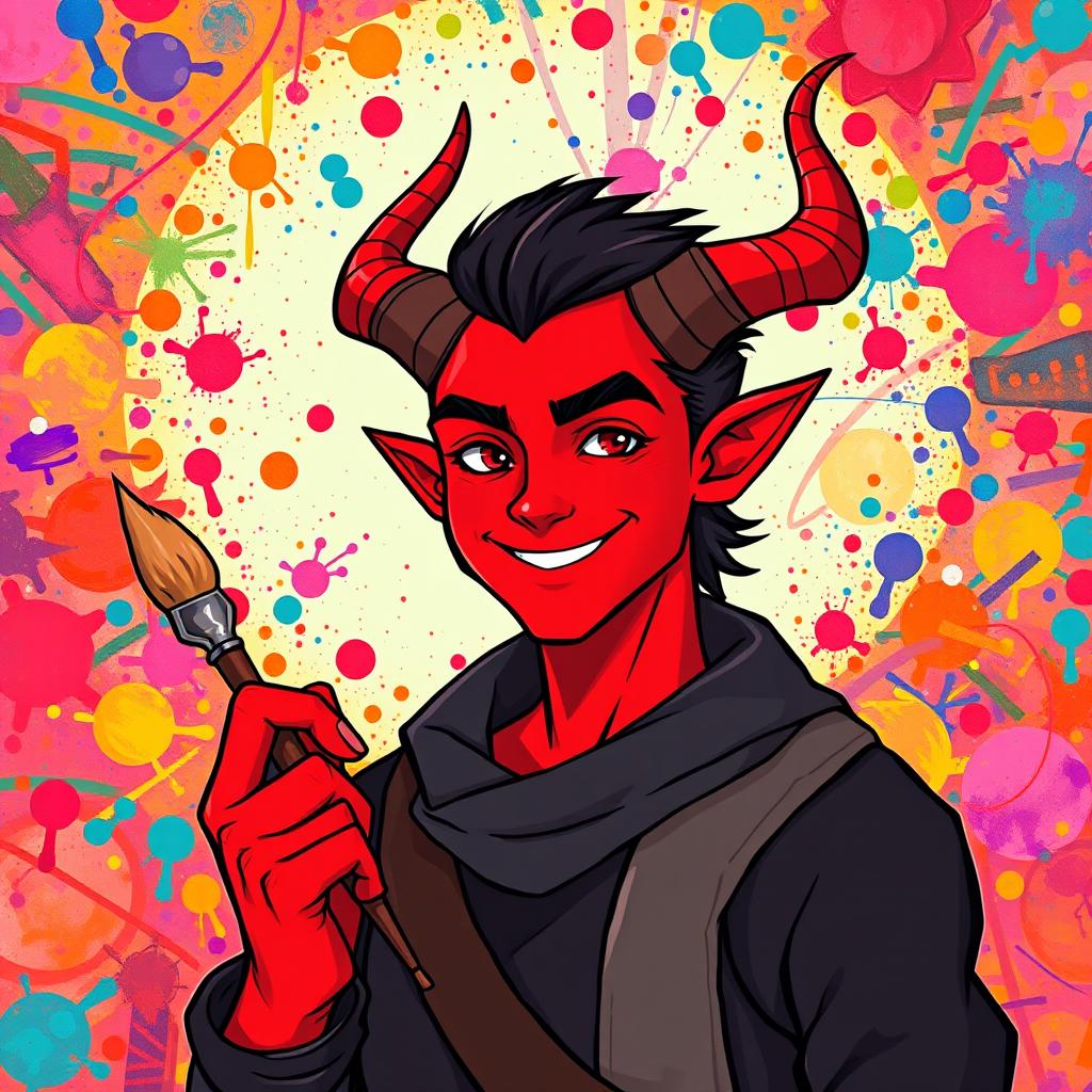 A handsome male red tiefling, exuding kindness with a warm smile, depicted in a charming Dungeons and Dragons style illustration