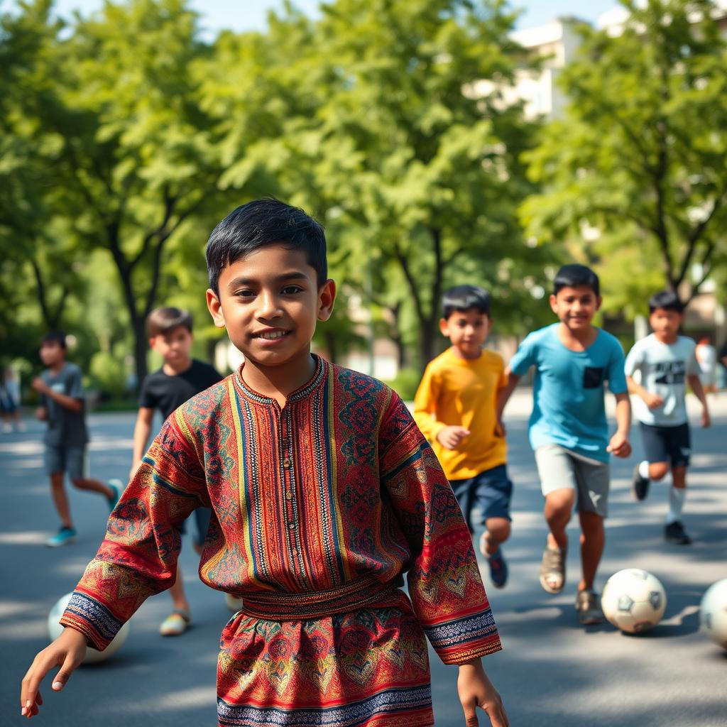 A vibrant street scene featuring a group of boys of various ethnicities playing soccer in an urban park