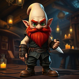 A bald gnome with a vibrant red beard, dressed as a rogue