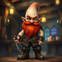 A bald gnome with a vibrant red beard, dressed as a rogue