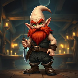 A bald gnome with a vibrant red beard, dressed as a rogue