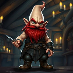 A bald gnome with a vibrant red beard, dressed as a rogue