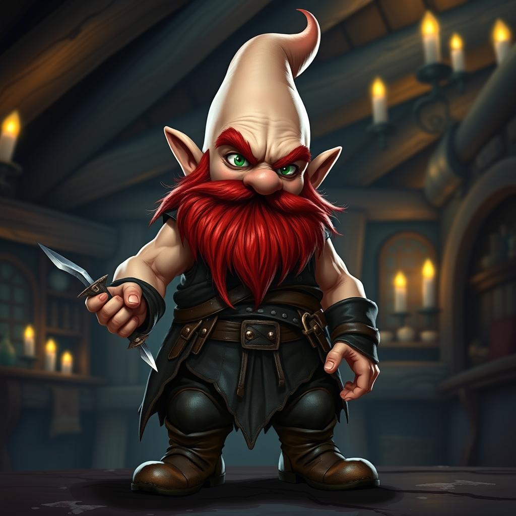 A bald gnome with a vibrant red beard, dressed as a rogue