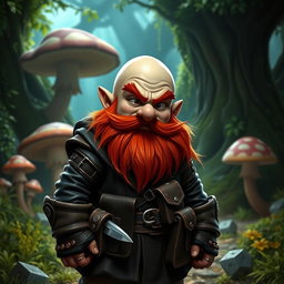 A bald gnome character with a bright red beard, dressed as a rogue, wearing a dark leather outfit adorned with various pockets and pouches, holding a small dagger