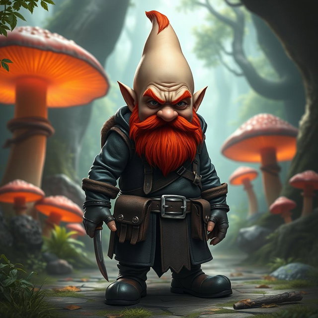 A bald gnome character with a bright red beard, dressed as a rogue, wearing a dark leather outfit adorned with various pockets and pouches, holding a small dagger
