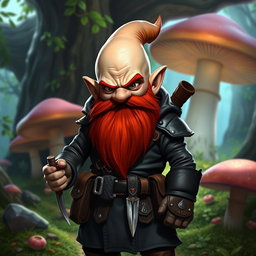 A bald gnome character with a bright red beard, dressed as a rogue, wearing a dark leather outfit adorned with various pockets and pouches, holding a small dagger