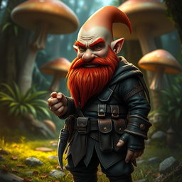 A bald gnome character with a bright red beard, dressed as a rogue, wearing a dark leather outfit adorned with various pockets and pouches, holding a small dagger