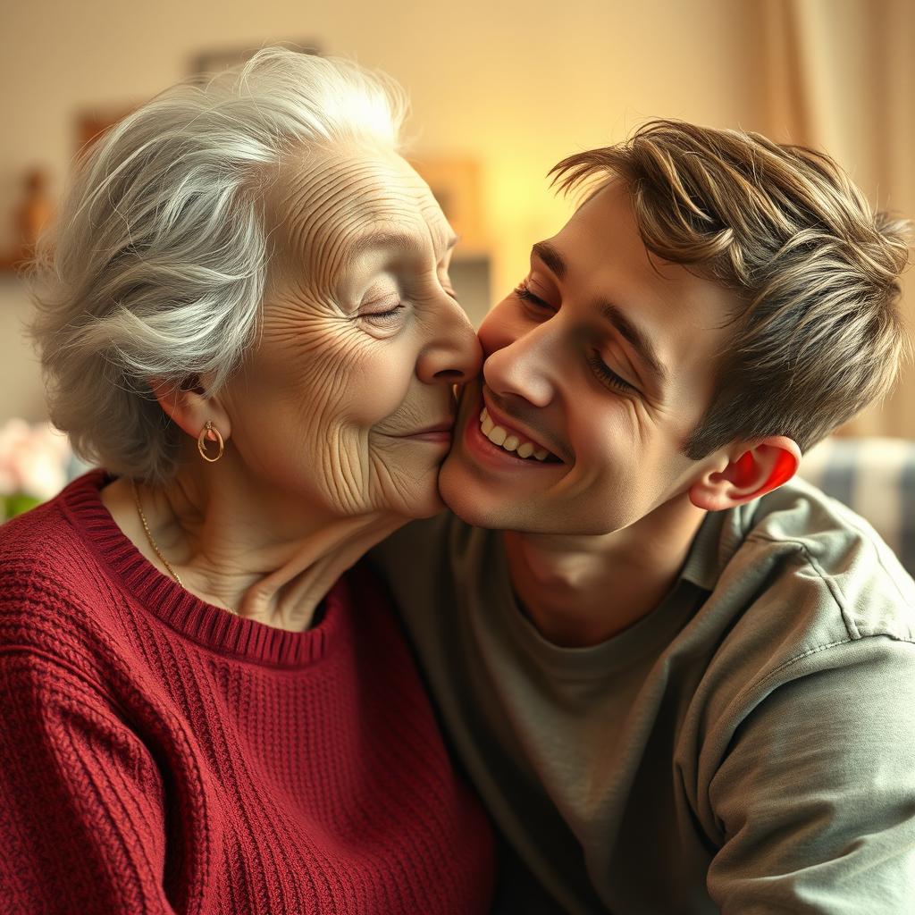 An artistic portrait of an elderly woman gently leaning in to kiss a young man on the cheek