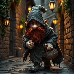A gnome thief with a graying red beard, dressed in a tattered, dark cloak that blends into the shadows