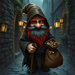 A gnome thief with a graying red beard, dressed in a tattered, dark cloak that blends into the shadows